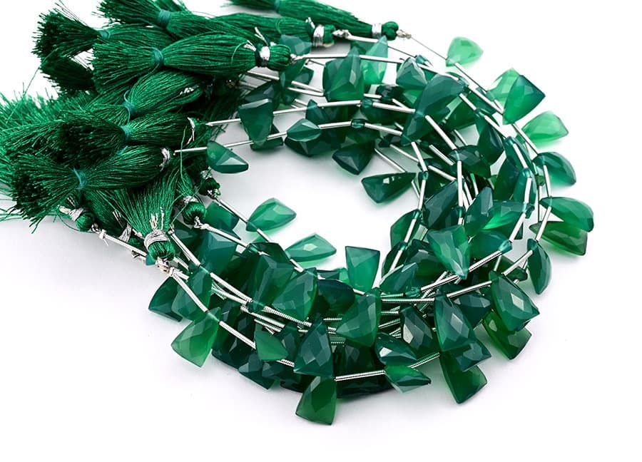 Green Onyx 9x15mm Faceted Pyramid gemstone bead strand