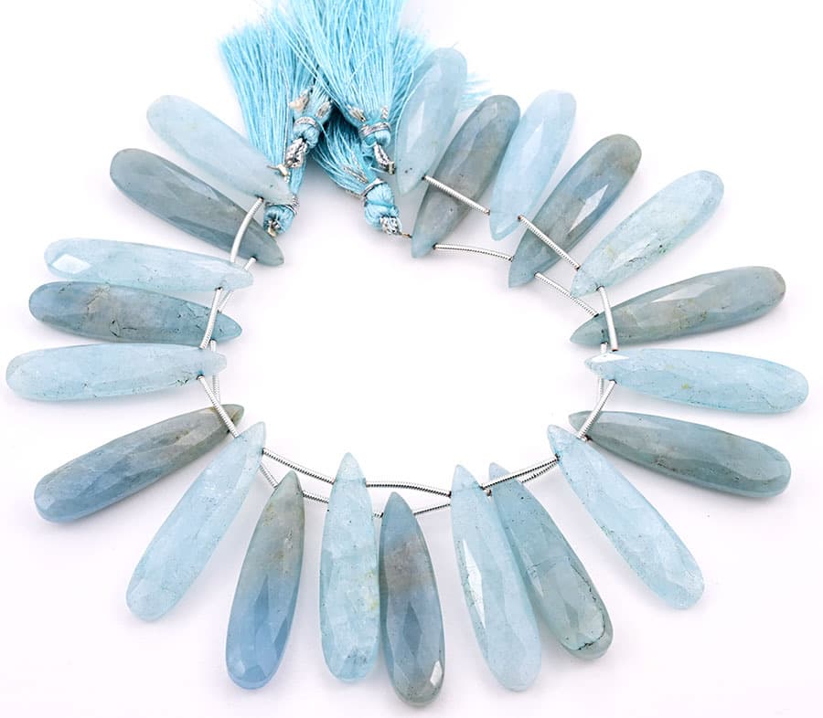 Milky Aquamarine 10x40mm Faceted Pear gemstone bead strand