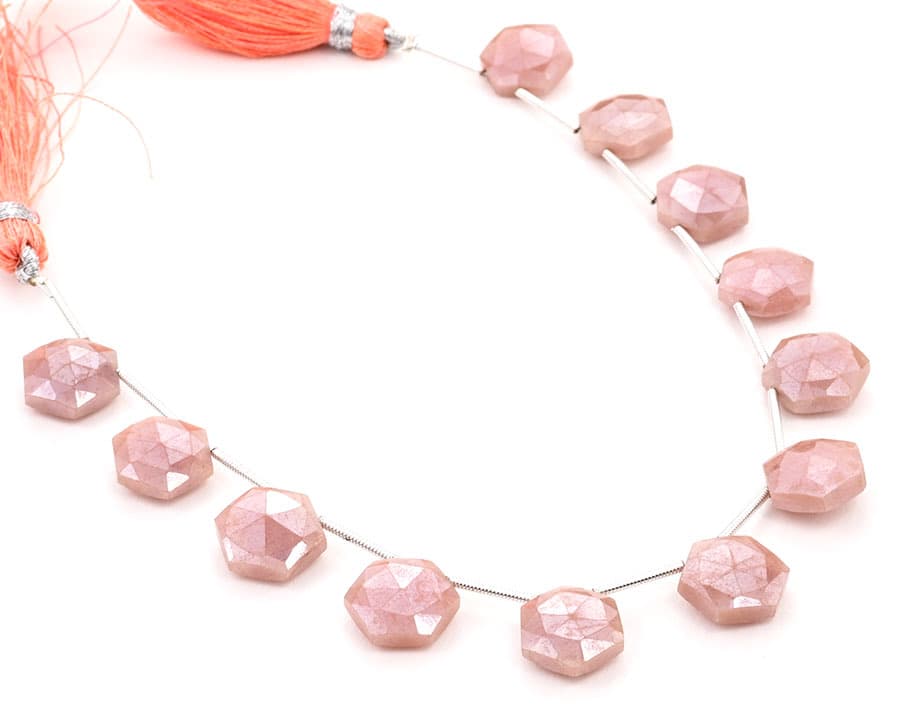 Peach Moonstone Coated 11mm Faceted Haxagon gemstone bead strand