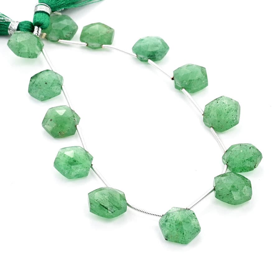 Green Strawberry QTZ. 11mm Faceted Haxagon gemstone bead strand