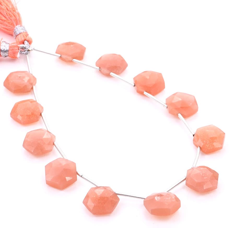 Peach Moonstone 11mm Faceted Haxagon gemstone bead strand