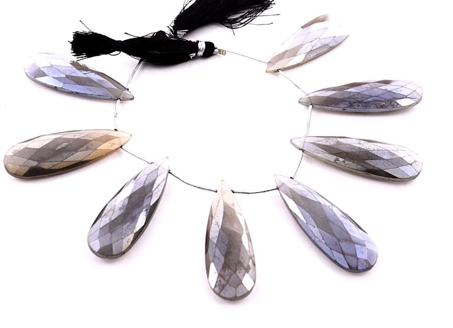Gray Moonstone Coated 15x45mm Faceted Pear gemstone bead strand