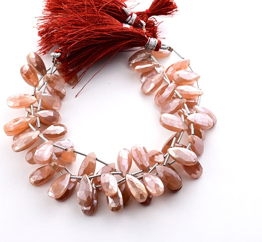 Peach Moonstone Coated 7X15mm Faceted Pear gemstone bead strand