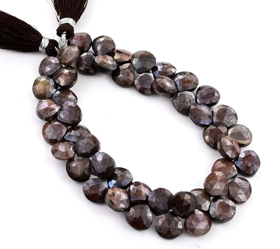 Chocolate Moonstone Coated 9mm Faceted Heart (Calibrated) gemstone bead strand