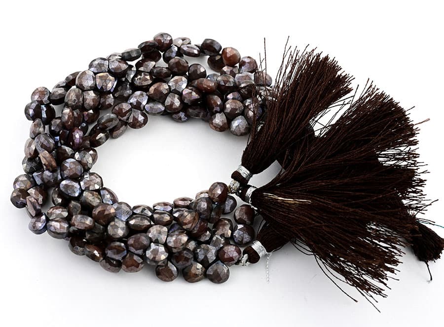 Chocolate Moonstone Coated 7mm Faceted Heart (Calibrated) gemstone bead strand