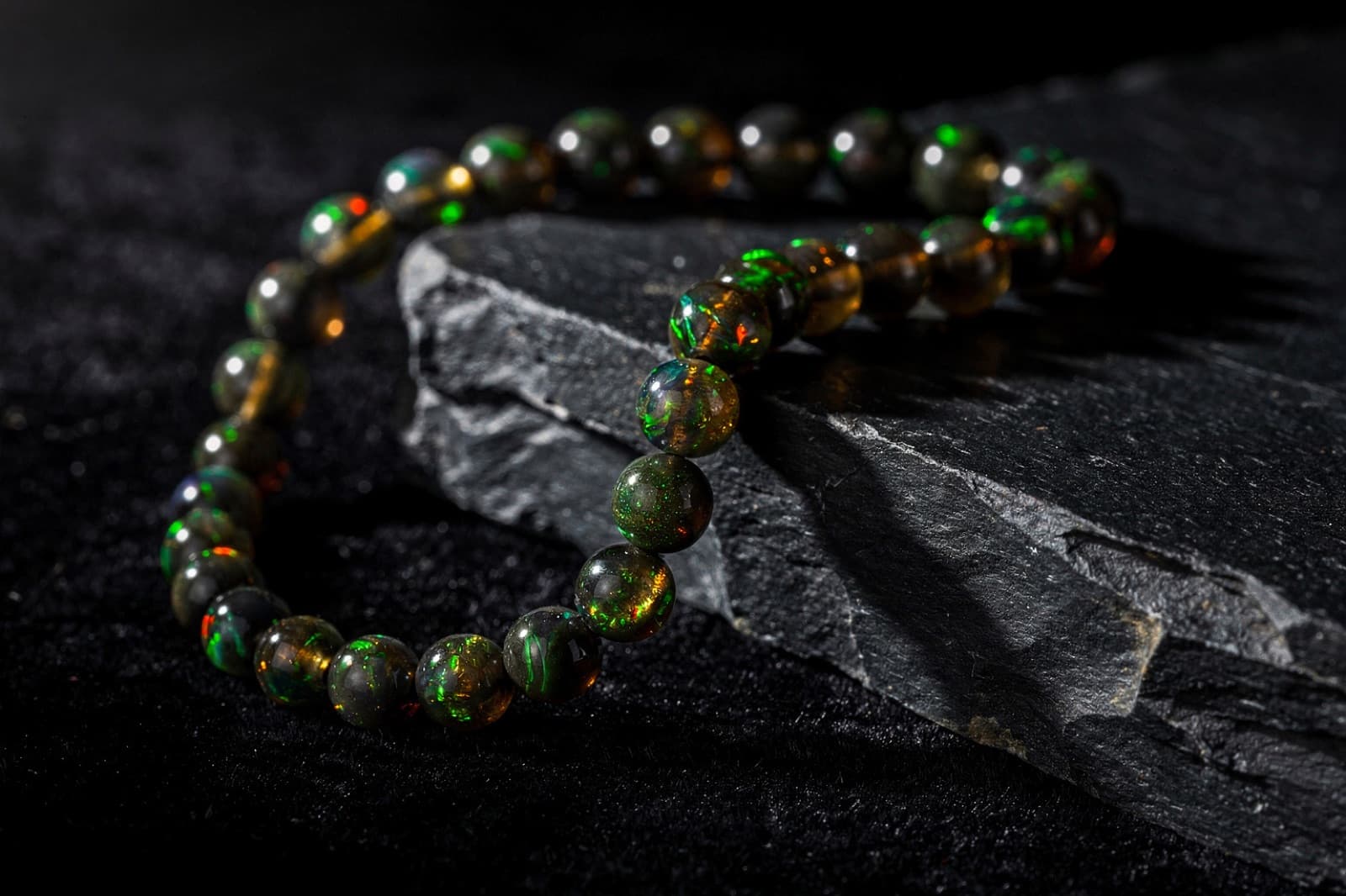 Black Ethiopian opal, smoked beads, styled illustration