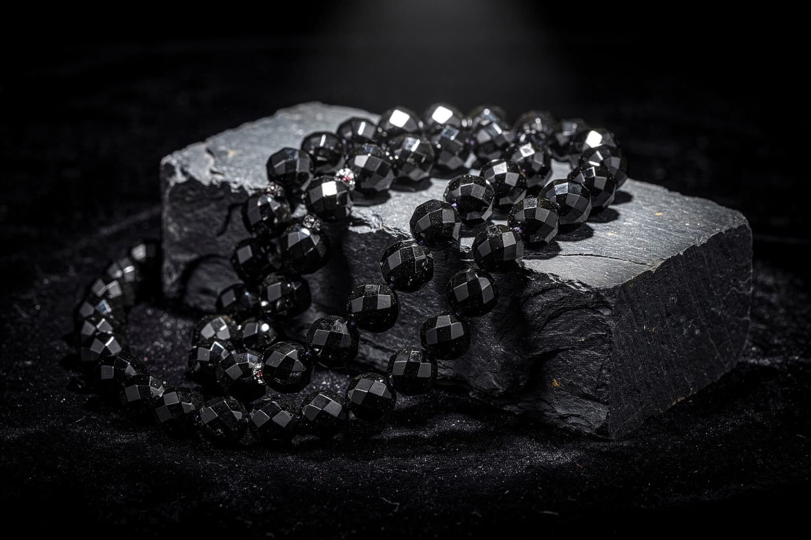 Black onyx and black spinel beads, styled illustration