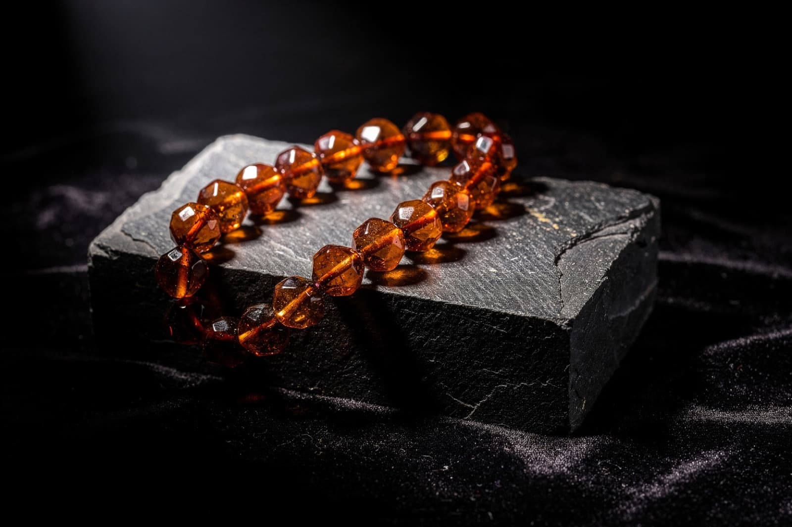 Hessonite and spessartite garnet beads, styled illustration