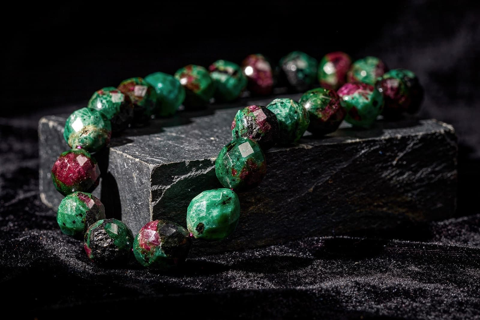 Ruby zoisite beads, styled illustration