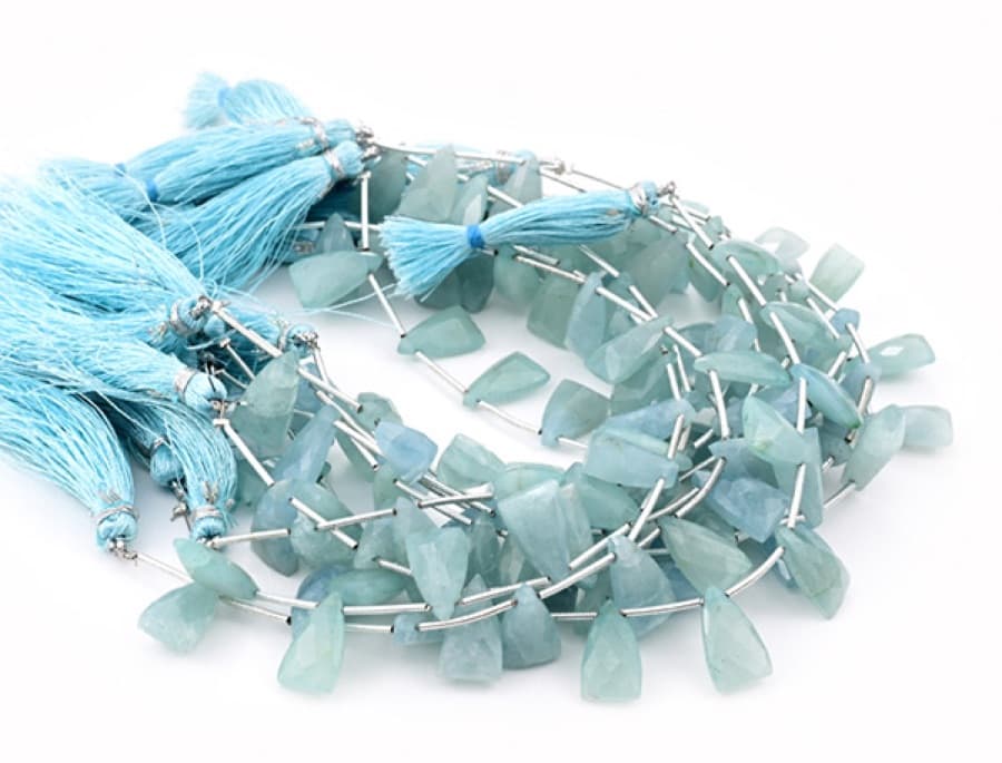 Milky Aquamarine 9x15mm Faceted Pyramid gemstone bead strand
