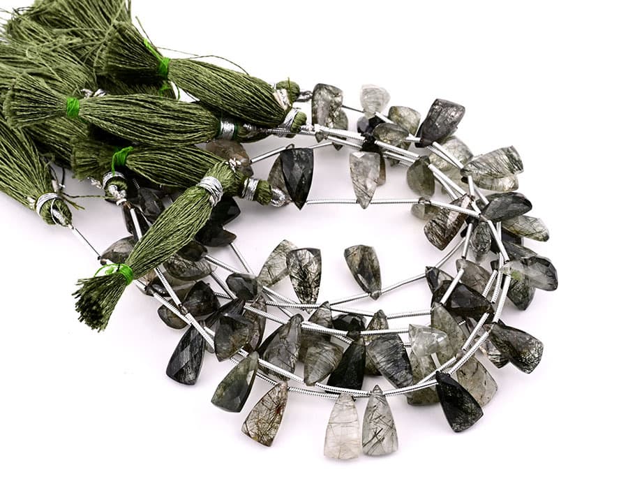 Green Rutile 9x15mm Faceted Pyramid gemstone bead strand