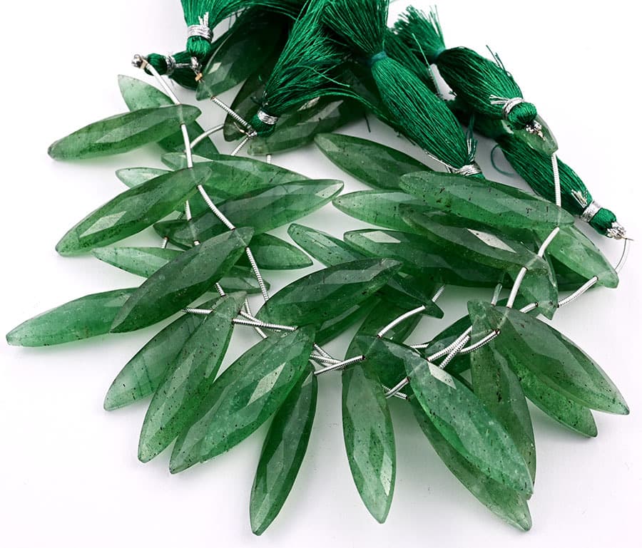 Green Strawberry QTZ. 11x40mm Faceted Marquise gemstone bead strand