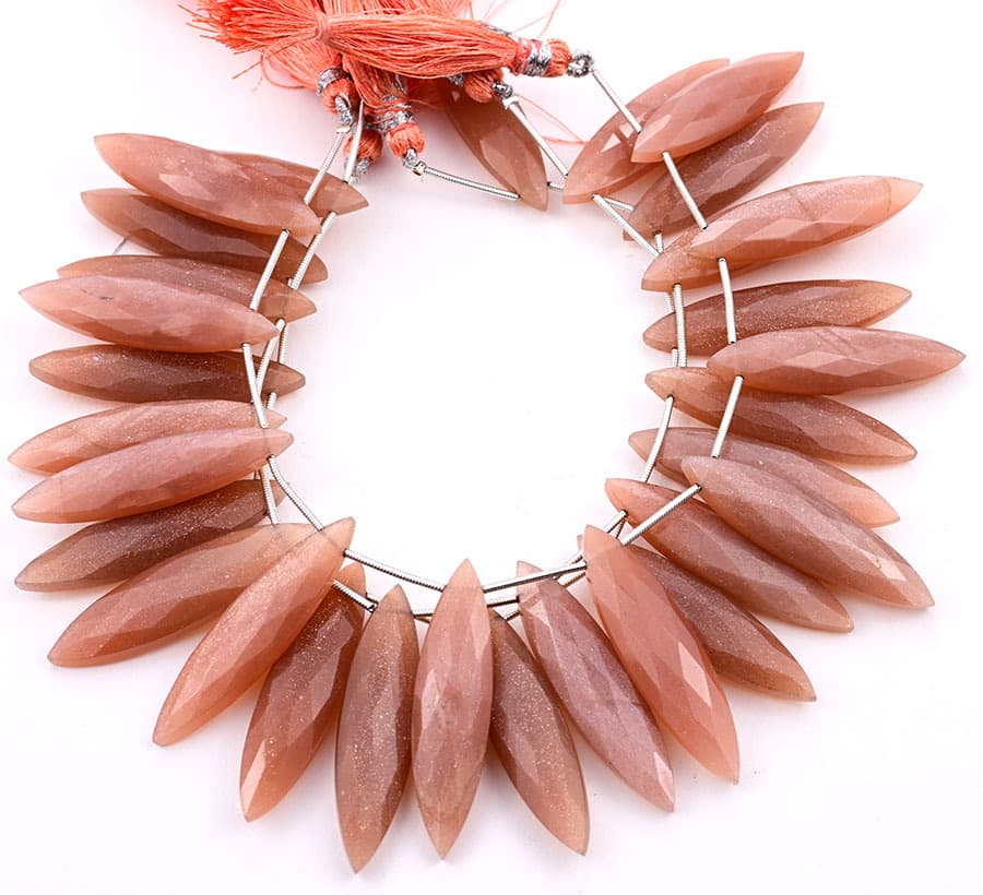 Peach Moonstone 11x40mm Faceted Marquise gemstone bead strand