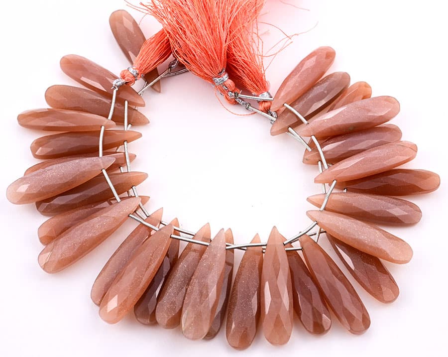 Peach Moonstone 10x40mm Faceted Pear gemstone bead strand