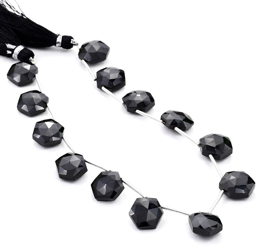 Black Onyx 11mm Faceted Haxagon gemstone bead strand