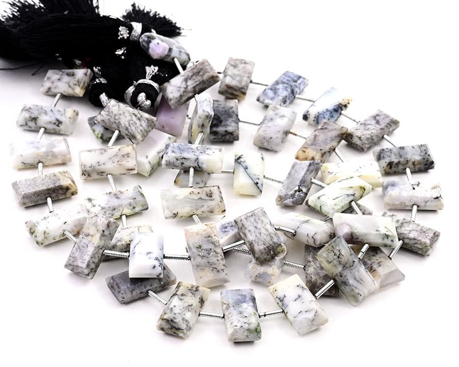 Dendrite opal 8x16mm Faceted Rectangle Center Drill gemstone bead strand