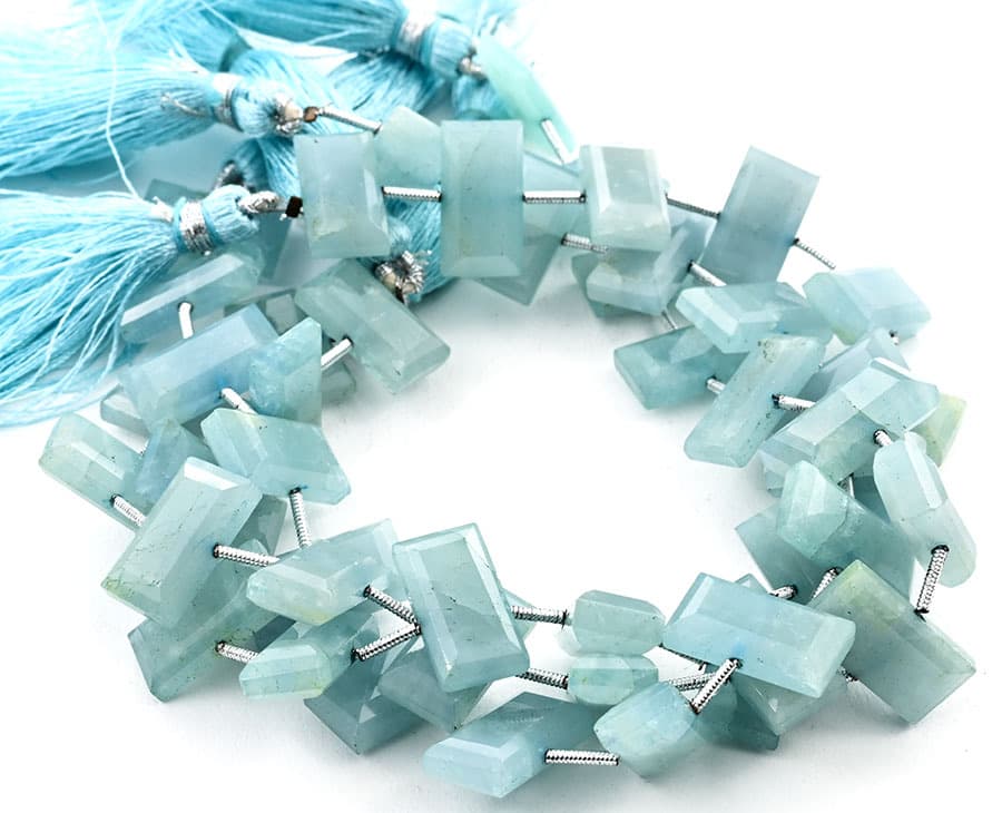 Milky Aquamarine 8x16mm Faceted Rectangle Center Drill gemstone bead strand