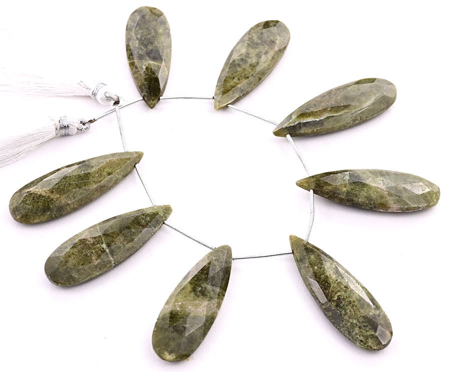 Green Jesper 15x45mm Faceted Pear gemstone bead strand
