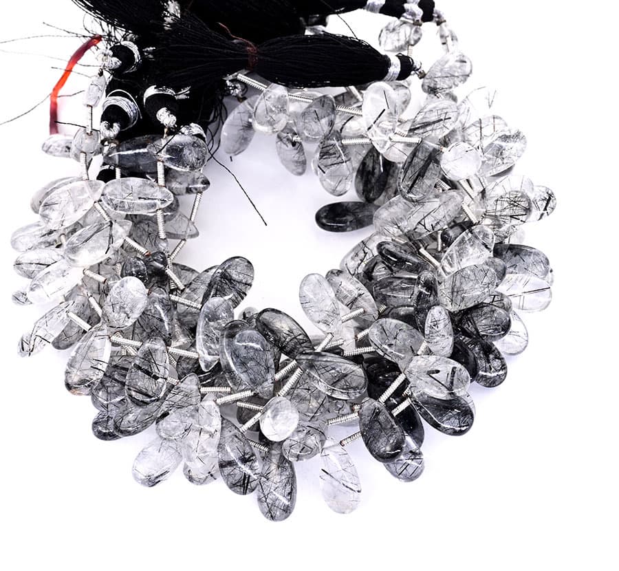 Black Turmilated QTZ 7X15mm Smooth Pear gemstone bead strand